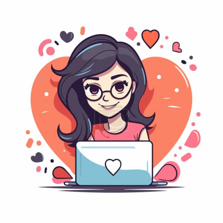 Illustration for Cute cartoon girl with laptop. Vector illustration in a flat style. - Royalty Free Image