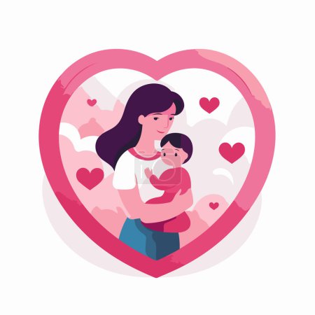 Téléchargez les illustrations : Mère et bébé en forme de cœur. Illustration vectorielle en style dessin animé plat - en licence libre de droit