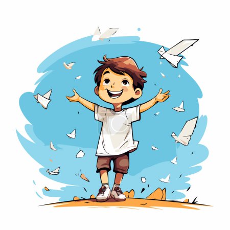Illustration for Happy boy playing with paper planes. Vector illustration isolated on white background. - Royalty Free Image