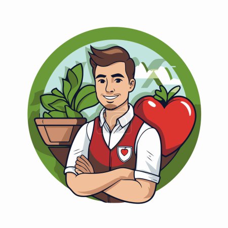 Téléchargez les illustrations : Homme dessin animé avec pomme et pot de plante icône ronde vectoriel illustration conception graphique - en licence libre de droit