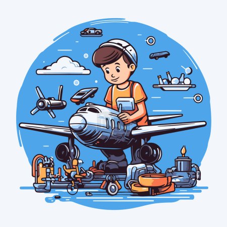 Ilustración de Concepto de mantenimiento y reparación de aviones. Ilustración vectorial en estilo de dibujos animados. - Imagen libre de derechos
