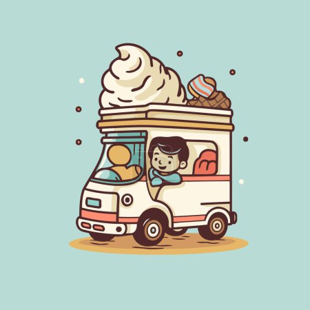 Téléchargez les illustrations : Illustration de camion de crème glacée avec un garçon dedans. illustration vectorielle - en licence libre de droit