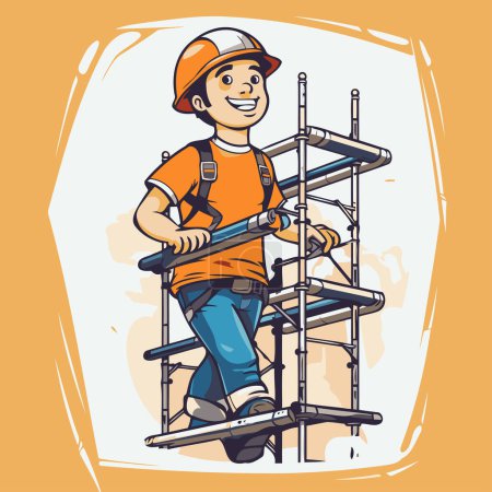 Illustration for Construction worker on scaffolding. Vector illustration of worker on scaffolding. - Royalty Free Image