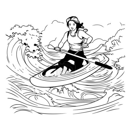 Illustration for Young woman paddling on a kayak. Hand drawn vector illustration. - Royalty Free Image