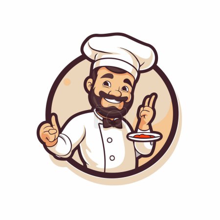 Illustration for Chef holding a plate with a cake and showing thumbs up. Vector illustration. - Royalty Free Image