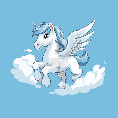 Illustration for Cute white pegasus with wings flying on clouds. Vector illustration - Royalty Free Image