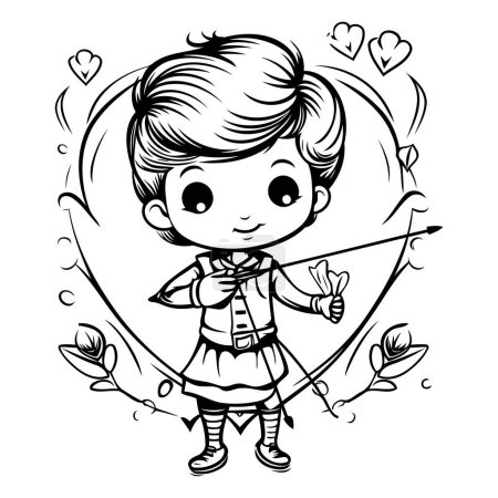 Téléchargez les illustrations : Joli petit garçon avec arc et flèche. Illustration vectorielle pour livre à colorier. - en licence libre de droit