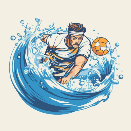 Téléchargez les illustrations : Illustration d'un surfeur masculin avec une balle sur le fond des vagues - en licence libre de droit