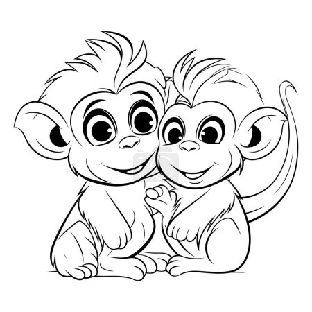 Ilustración de Pareja de monos - ilustración vectorial en blanco y negro para colorear libro. - Imagen libre de derechos