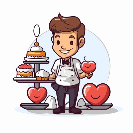 Illustration for Cute cartoon waiter with a cake and heart. Vector illustration. - Royalty Free Image