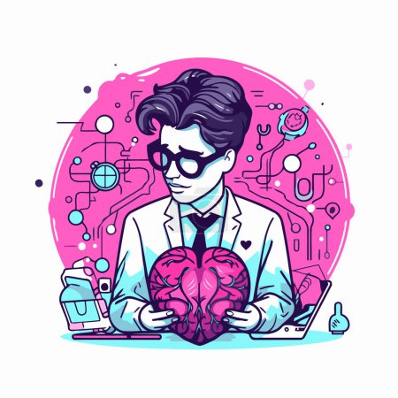 Téléchargez les illustrations : Illustration vectorielle d'un homme scientifique avec un cerveau dans les mains. - en licence libre de droit