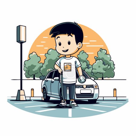 Photo for Young man standing next to his car on the street. Vector illustration. - Royalty Free Image