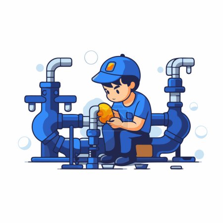 Illustration for Plumber repairing water pipe. Vector flat illustration in cartoon style. - Royalty Free Image