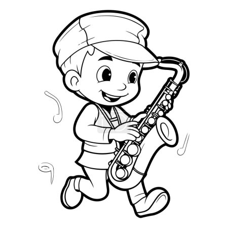 Téléchargez les illustrations : Illustration d'un petit garçon jouant du saxophone - Livre à colorier - en licence libre de droit