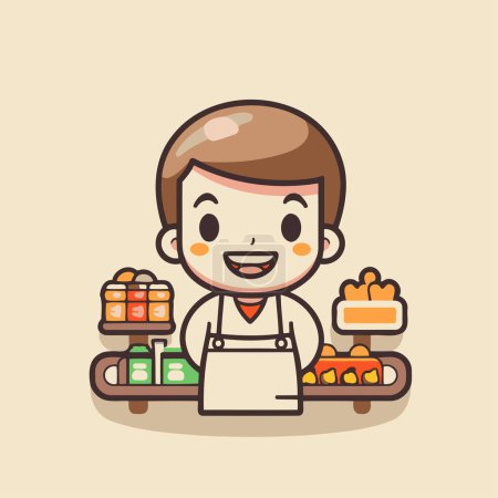 Illustration for Cute cartoon boy selling food on the market. Vector illustration. - Royalty Free Image