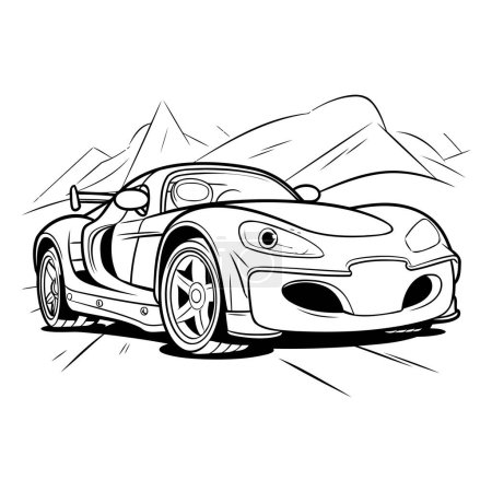 Illustration for Black and white sketch of a sports car on a background of mountains - Royalty Free Image