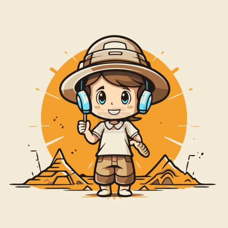 Téléchargez les illustrations : Garçon en costume de safari avec écouteurs et pyramides. Illustration vectorielle. - en licence libre de droit