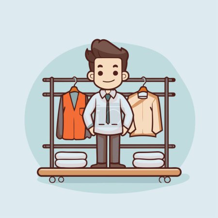 Illustration for Man choosing clothes on shelf. Vector illustration in flat cartoon style. - Royalty Free Image