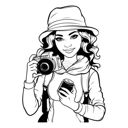 Téléchargez les illustrations : Belle fille avec caméra. Illustration vectorielle en noir et blanc. - en licence libre de droit