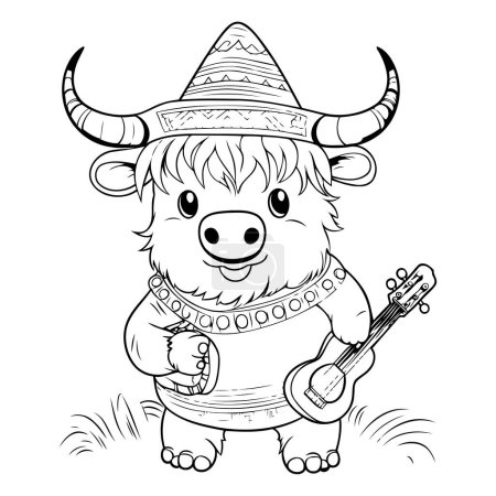Ilustración de Toro lindo en sombrero con ukelele. Ilustración vectorial. - Imagen libre de derechos