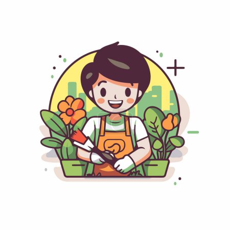 Illustration for Gardening concept. Vector flat cartoon illustration. Boy gardener with flowers in pot. - Royalty Free Image