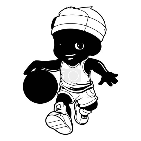 Téléchargez les illustrations : Illustration en noir et blanc d'un petit garçon courant avec une kettlebell - en licence libre de droit