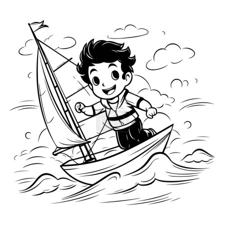 Téléchargez les illustrations : Illustration de dessin animé d'un garçon naviguant sur un bateau. Version noir et blanc. - en licence libre de droit