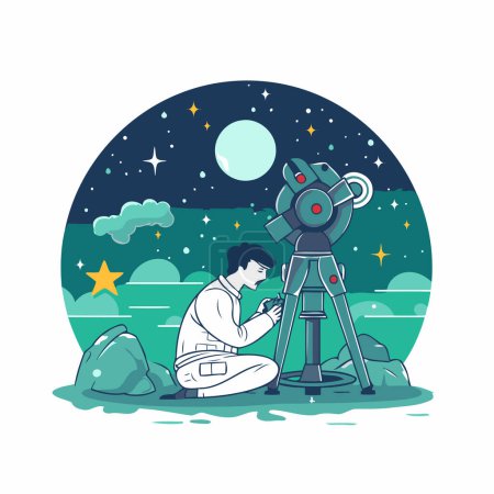 Illustration for Astronaut with telescope on the background of the night sky. Vector illustration. - Royalty Free Image