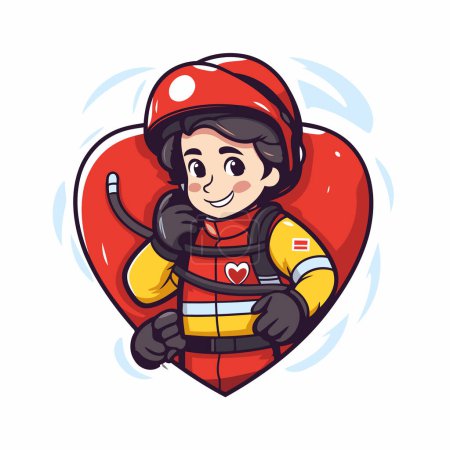 Téléchargez les illustrations : Garçon pompier en combinaison de feu et casque tenant un cœur rouge. - en licence libre de droit