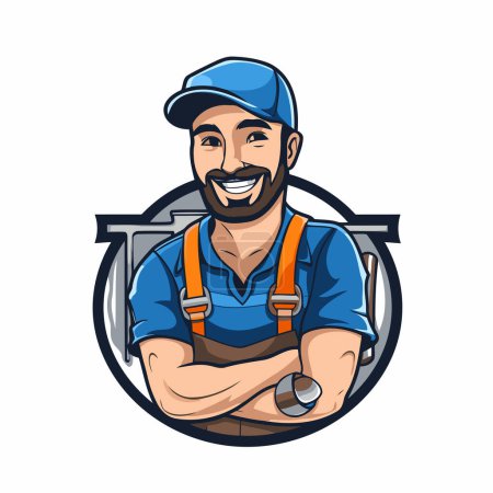 Illustration for Vector illustration of a plumber smiling with arms crossed set inside circle on isolated white background. - Royalty Free Image