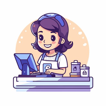 Illustration for Cute little girl working at the cash register. Vector illustration. - Royalty Free Image