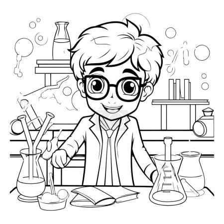 Illustration for Vector illustration of a boy doing science experiments in the laboratory. Coloring book for children. - Royalty Free Image