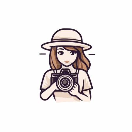 Téléchargez les illustrations : Jolie fille dans un chapeau avec un appareil photo. Illustration vectorielle. - en licence libre de droit