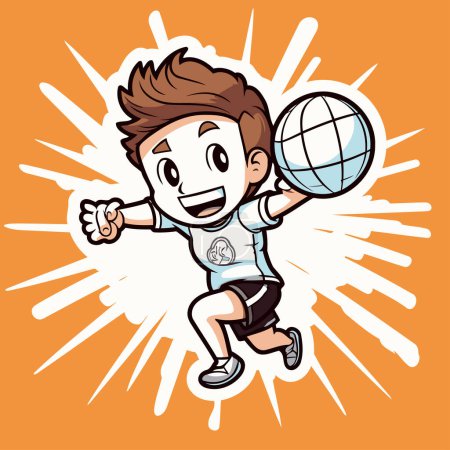 Téléchargez les illustrations : Joueur de football dessin animé en cours d'exécution avec le ballon à la main. Illustration vectorielle. - en licence libre de droit
