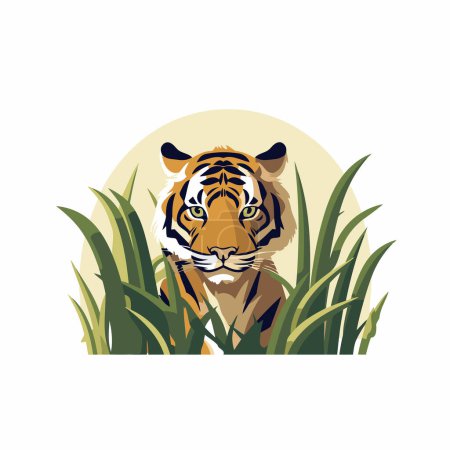 Téléchargez les illustrations : Tigre dans l'herbe. Illustration vectorielle sur fond blanc. - en licence libre de droit