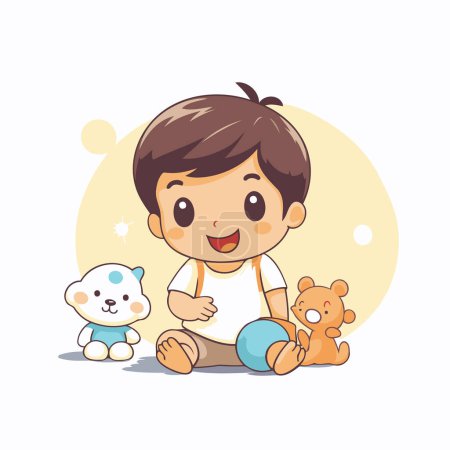 Ilustración de Lindo niño jugando con el oso de peluche. Ilustración vectorial. - Imagen libre de derechos