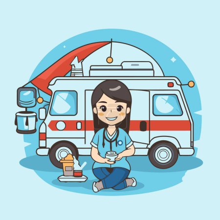 Téléchargez les illustrations : Illustration vectorielle de dessin animé mignon d'un ambulancier féminin avec une tasse de café - en licence libre de droit