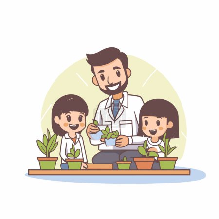 Illustration for Vector illustration of a man in a lab coat holding a plant in a pot. - Royalty Free Image