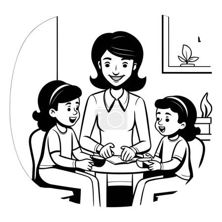 Illustration for Mother and children in the office. Black and white vector illustration. - Royalty Free Image