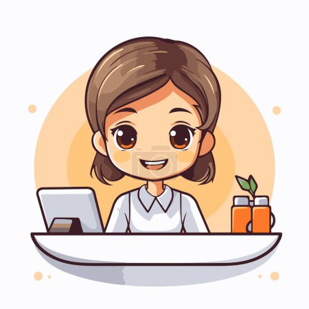 Ilustración de Linda mujer de dibujos animados de negocios con ordenador portátil en la oficina. Ilustración vectorial. - Imagen libre de derechos