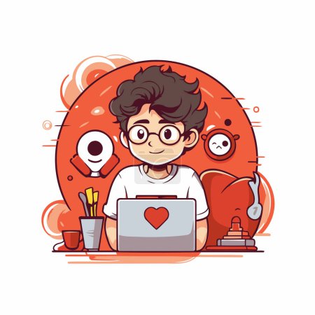 Illustration for Cartoon boy with laptop. Vector illustration. Flat design style. - Royalty Free Image