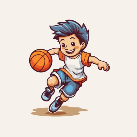Téléchargez les illustrations : Illustration d'un garçon jouant au basket isolé sur un fond blanc. - en licence libre de droit