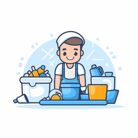 Téléchargez les illustrations : Service de nettoyage. Un homme en uniforme qui lave la vaisselle. Illustration vectorielle. - en licence libre de droit
