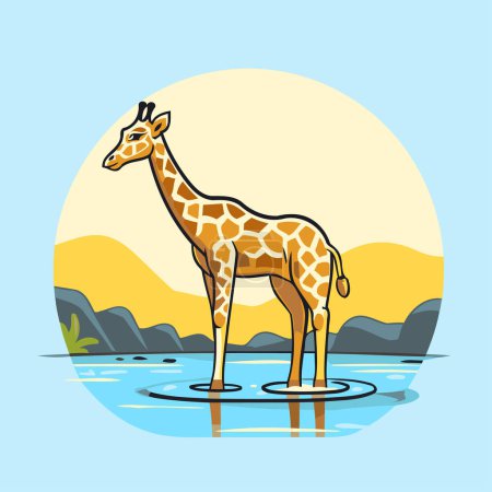 Illustration for Giraffe in the water. Vector illustration in flat style. - Royalty Free Image
