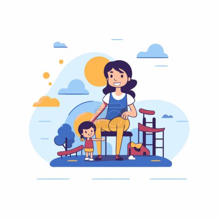 Illustration for Mother and daughter playing on playground. Vector illustration in flat style. - Royalty Free Image