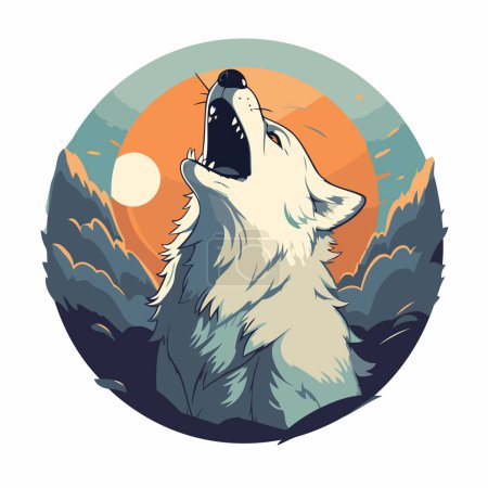 Téléchargez les illustrations : Illustration vectorielle d'un loup hurlant devant le coucher du soleil. - en licence libre de droit