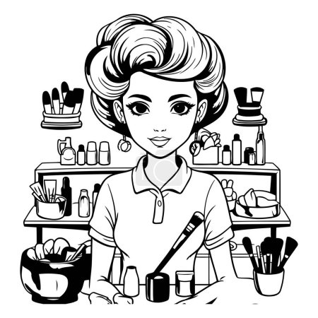 Illustration for Beautiful woman in the beauty salon. Black and white vector illustration. - Royalty Free Image