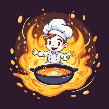 Ilustración de Chef cocinando en el fuego. Ilustración vectorial de un personaje de dibujos animados. - Imagen libre de derechos
