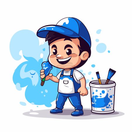 Illustration for Cute little painter boy with brush and bucket. Vector illustration. - Royalty Free Image