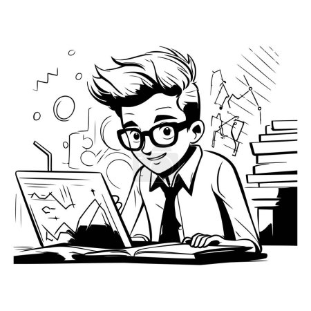 Illustration for Vector illustration of a young businessman reading a book while working in the office. - Royalty Free Image